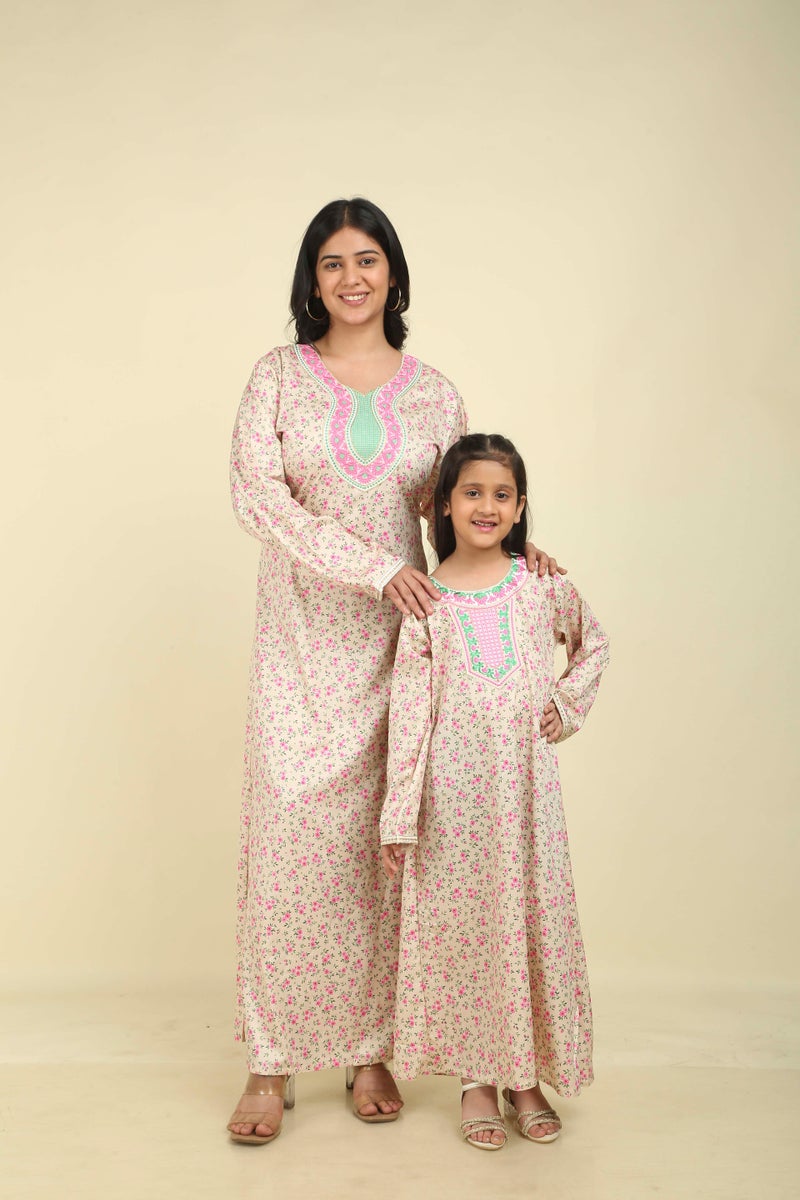 HANA & SARA Girls Satin Digital Print Floral Arabic Jalabiya – Lightweight Modest Wear Dress - Image 4